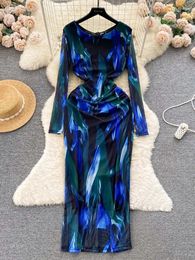 Casual Dresses Women Autumn Dress French Round Neck Premium Fit Slim Wrap Hip Mesh Print Temperament Long Sleeved A-line D5622