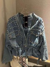 European Style Denim Jacket For Women In Spring And Autumn New Heavy Industry Diamond Studded Loose Short Sleeved Shirt With Western