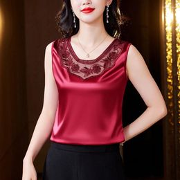 Women's Tanks M-4XL 2024 Spring Summer Casual Lace Vest Shirt Round Neck Patchwork Embroidered Satin Fashion Women Camisole Tank Top