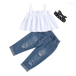 Clothing Sets Pudcoco Infant Kids Baby Girls Summer 2PCS Pants White Sleeveless Cami Tops Blue Ripped Denim 18M-6T