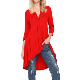 Women's T Shirts Three-Quarter Sleeve Button V-Neck Irregular Long Top Loose Casual Tunic T-Shirt Comfortable Soft Ropa De Mujer