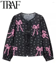 Women's Blouses Women Bow Printed Laced Up Cardigan Short Blouse 2024 Summer Long Sleeve O Neck Shirt Female Black Crop Top Y2K