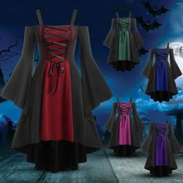 Casual Dresses Halloween Costumes Womens Gothic Dress Off Shoulder Front Lace Up Flare Long Sleeve Cosplay Party