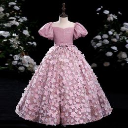 Flower Luxurious 2024 Girl Dresses Sequined Lace Pearls new ball gown short Sleeves 3D pink flowers blingbling Ball Gown Tutu Lilttle Kids Birthday Pageant Wed Gowns