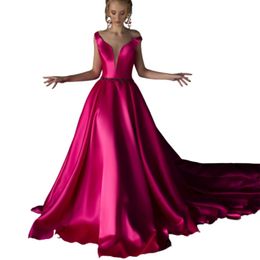 Elegant Long Fuchsia V-Neck Prom Dresses with Pockets A-Line Satin Sweep Train Zipper Back Prom Dresses for Women