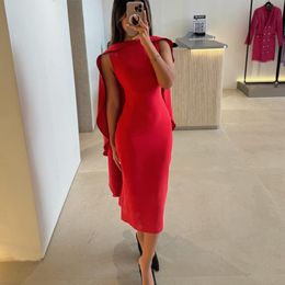 Round Neck Sheath Evening Dresses Tea Length Prom Dress Red Crepe Formal Party Gown for Women