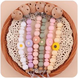 Handmade Silicone Flower Beads Pacifier Chain Beech Wood Teether Nipple Clip For Baby Teething Nursing Chew Toy Shower Gift L2405