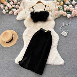 Work Dresses Autumn And Winter Sexy Wind Short Fur Halter Top Corduroy Open Half-body Skirt Two-piece Set
