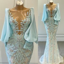 2021 Plus Size Arabic Aso Ebi Mermaid Lace Beaded Prom Dresses Sheer Neck Long Sleeves Evening Formal Party Second Reception Gowns ZJ39 2741