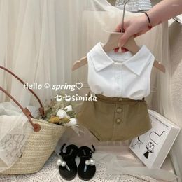 Clothing Sets Girls Simple Casual Children Korean 2024 Summer White Fashion Lapel Collar Backless Vest Shorts Two-piece Set
