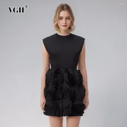 Casual Dresses VGH Solid Hollow Out Patchwork Appliques Mini Dress For Women Round Neck Sleeveless Backless High Waist Slimming Female