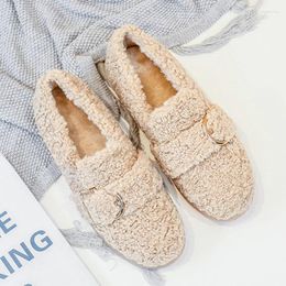 Casual Shoes Metal Buckle Belt Fur Flats Woman Warm Plush Winter Cotton Women Thicken Soled Fleeces Loafers Lambswool Moccasins Femme