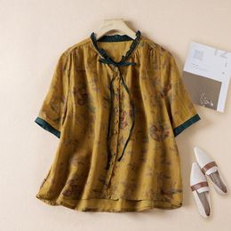 Women's Blouses Printed Flower Chinese Style Summer Vintage Shirt Loose Cotton Linen Women Tops Short Sleeves Clothing YCMYUNYAN