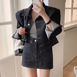 Work Dresses Korean Style Lapel Long Sleeve Denim Jacket Coat High Waist Bodycon Mini Skirt Elegant Casual Two Piece Set Women Outfits