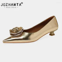 Casual Shoes JOZHAMTA Size 33-40 Real Leather Women Wedding Pumps Sexy Pointed Toe Flowers Mid Heels Spring 2024 Silver Office Dress