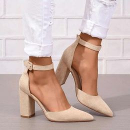Women Summer Sandals Suede Ankle Strap Pumps Pointed Toe Square High Heels Solid Female Fashion Elegant Party f3a