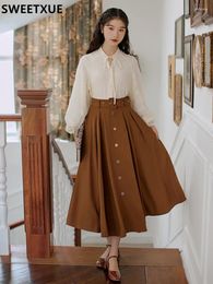 Work Dresses Women's Retro Sweet Long Sleeve Bow Solid Colour Loose Blouse Top Single Breasted Skirt Belt Korean Fashion Two-piece Suits