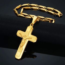Religious Jesus Cross Necklace Pendant For Men 14K Gold Crucifix Necklaces Male Christian Jewellery