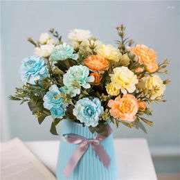 Decorative Flowers 1 Bouquet 14 Heads Artificial Peony Tea Rose Camellia Silk Fake Flower Flores For DIY Home Garden Wedding Decoration