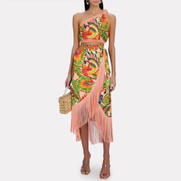 Vintage One-Shoulder Embroidered Print Bikini And Fringe Skirt Backless Cutout Swimsuit and Sexy Thong Fashion Lace-Up Beachwear 240521