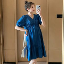 Maternity Summer Dress Short Sleeve V-Neck Puff Sleeve High Waist Pregnant Women Cotton Dress Loose Pregnancy Clothes Wholesale 240524