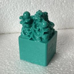 Decorative Figurines Green Pine Stone Dragon Seal Carving Zodiac Resin Crafts Pendant Gift Mascot