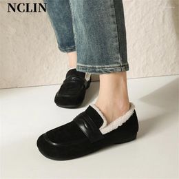 Casual Shoes 2024 Autumn/Winter Cow Suede Loafers Square Toe Low Heel Women Pumps For Zapatos De Mujer College Style Plush