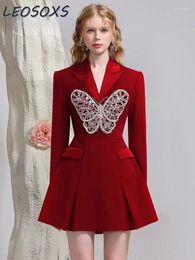 Casual Dresses Elegant Red Christmas Wedding Dress Women Autumn And Winter Commuter Heavy Industry Beads Butterfly Long Sleeve Suit
