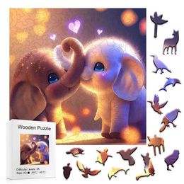 Puzzles Cute elephant wooden puzzle art unique animal shaped stress relieving toys DIY casual games for home games and home decor Y240524