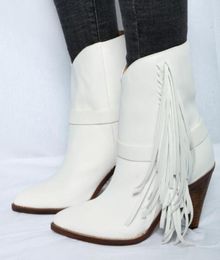 White Real Leather Fringe Ankle Boots Women Pointed Toe Spike Heels High Heels Boots For Woman Knight Boots Women8778536