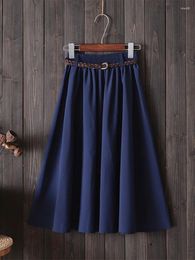 Skirts Midi Knee Length Summer Skirt Women With Belt 2024 Fashion Korean Ladies High Waist Pleated A-line School Female