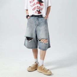 Mens Ripped Denim Shorts Fashionable Summer Slim Shorts with Distressed Ripped Design Holes Korean Style Short Jeans Male D58 240524