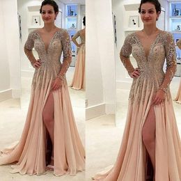 V Neck Chiffon Long Mothers Dresses Crystal Lace Appliques Beaded Sheer Long Sleeves Plus Size Split Mother Of The Bride Dresses 260N