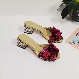 Genuine Women 6CM 2024 Leather Rhinestone Heels Sandals Summer Flip-flops Slipper Slip-on Wedding Dress Gladiator Shoes Colourful Diamond 3D Flow 1a5