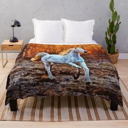 Blankets A White Horse Galloping With The Sun Setting Behind Trees Digital Painting Throw Blanket Giant Sofa