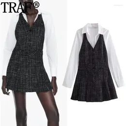 Casual Dresses 2024 Tweed Mini Dress Woman Long Sleeve Autumn Winter White Black Plaid Office Short For Women