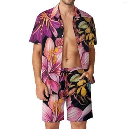 Men's Tracksuits Pink Floral Men Sets Watercolour Flower Casual Shorts Beach Shirt Set Summer Vintage Suit Short-Sleeve Big Size