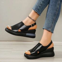 Women Solid Sandals 2024 Summer Wedge Colour Open Toe High Heels Casual Ladies Buckle Strap Fashion M 38f