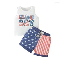 Clothing Sets Baby Boy Memorial Day Outfits Letter Print Sleeveless Tank Tops And Elastic Star Stripe Shorts Set Summer Clothes