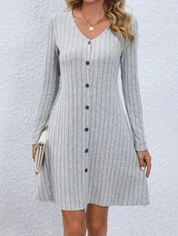 Casual Dresses Womens Fashion Button Design V-Neck Long Sleeve Daily Mini A-Line Dress Woman Clothing 2024 Spring