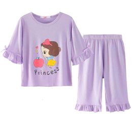 Printed Teenager Children Clothing Home Wear Suits Baby Clothes Sets Half Sleeve Pamas Casual Girls Kids Sleepwear For 4-12 Y L2405