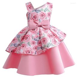 Girl Dresses Roses Girls Dress Summer Sleeveless One Shoulder Bow Princess Kids Christmas Birthday Party Costumes Children Clothing