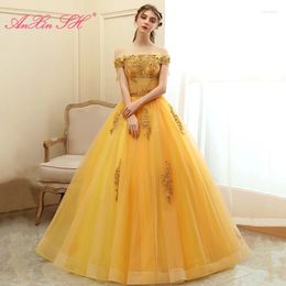 Party Dresses AnXin SH Vintage Golden Lace Boat Neck Beading Crystal Sparkly Flower Bride Ball Gown Princess Host Up Evening Dress