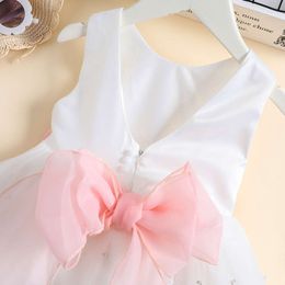 0-5Y Summer Princess Baby Girls Party Dress Sleeveless Solid Lace Mesh Pearl Big Bowknot Tutu Sundress Clothing