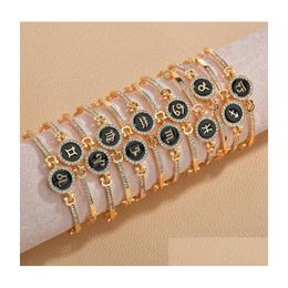 Charm Bracelets 12 Zodiac Signs Fashion Diamond Constellation Bracelet Women Simple Elegant Gold Plated Jewellery Cuff Drop Delivery Ot18L