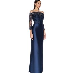 Elegant Long Navy Blue Bateau Neck Satin Mother of the Bride/Groom Dresses Sheath Lace 3/4 Sleeves Floor Length Godmother Dresses Formal Party Gown for Women