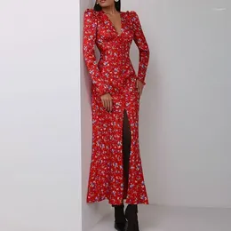 Casual Dresses Sexy V-neck Flower Print Robe Dress Ladies Elegant High Waist Split Wrap Hip Fall Long Sleeve Bohemian