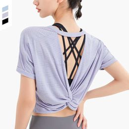 Womens Tshirt L027 Summer Sexy Hollow Out Back Womens Tops Casual Fashion Fitness Yoga Suit Loose Breathable Quick Drying Sports Tshirt Training Top Short Sleeve0fu