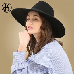 Berets FS Chapeau Feutre Femme Fedora Hat For Women Elegant Black Lady Wide Brim Sombreros Jazz Cap Bow Panama Fedoras Top Hats