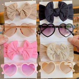 2 Pcs/Set New Children Cute Solid Bowknot Wide Hairbands Heart Sunglasses Bands Baby Girls Headwear Kids Hair Accessories L2405